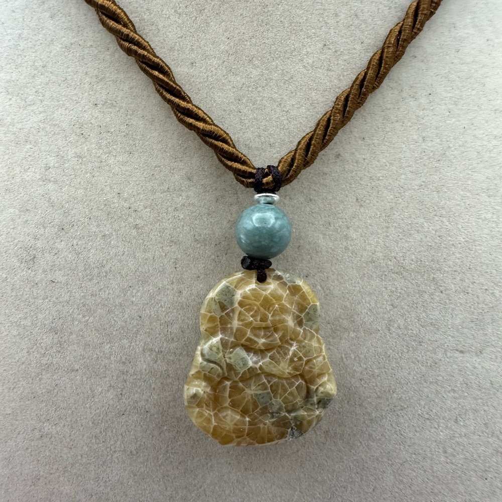 Coral Fossil Buddha Pendant Necklace Sterling Silver and Jade Accent Beads - Picture 9 of 10